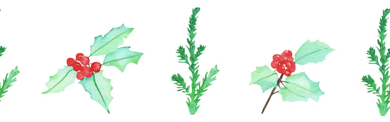 Christmas watercolor horizontal seamless background with fir branches and winter berries on white background