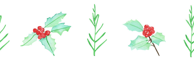 Christmas watercolor horizontal seamless background with fir branches and winter berries on white background