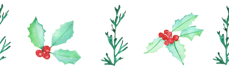 Christmas watercolor horizontal seamless background with fir branches and winter berries on white background