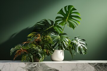  a marble table topped with a potted plant next to a white vase with a green leafy plant in it on top of a marble slab of countertop.