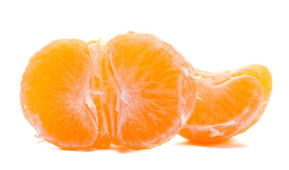 Peeled half tangerine isolated on white, side view