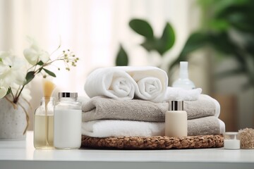 Bright modern bathroom concept. White towels, care products and plants background