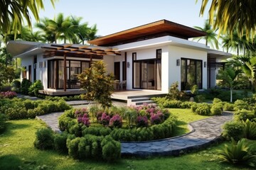 a rendering of a house in the middle of a garden with a walkway leading to the front of the house and a walkway leading to the back of the house. - obrazy, fototapety, plakaty
