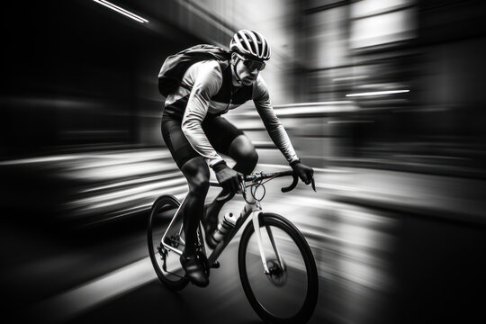  a black and white photo of a bicyclist riding in a blurry photo of a building in the background with a blurry image of the bicyclist in the foreground.