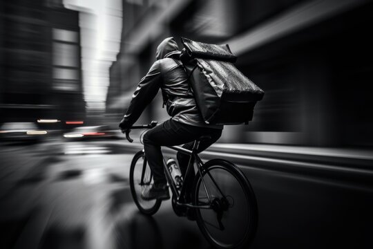  a black and white photo of a man on a bike with a backpack on his back riding down the street in a blurry black and white photo with a blurry background.