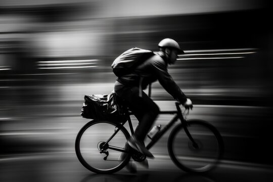  a black and white photo of a bicyclist with a helmet and a bag on his back riding down a street with a blurry background of buildings.