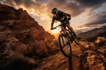  a man riding a bike up the side of a rocky hill in front of a sun set over a rocky mountain range with a mountain range in the distance in the background.