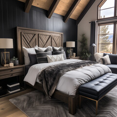 Luxury bedroom in a wooden house with large windows. Modern apartment interior design. Real estate concept