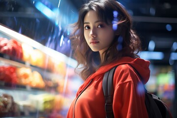 A young Asian girl in a grocery store chooses groceries