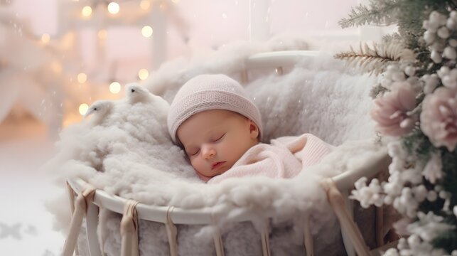 Cute baby in a cozy blanket photo, sleeping, Generative AI