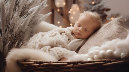Obraz premium Cute baby in a cozy blanket photo, sleeping, Generative AI