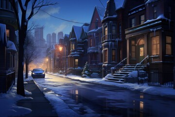  a night scene of a city street with snow on the ground and a car parked on the side of the street in front of a row of houses on a snowy street.