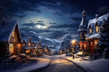  a night scene of a snowy village with a full moon in the sky and a street light in the foreground and a snow covered road in the foreground.