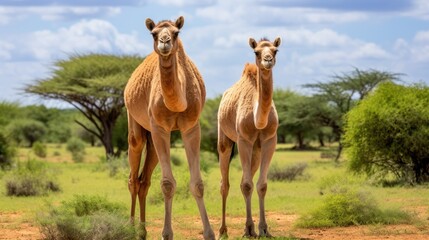 A pair of camels peacefully grazing in the lush oasis of an African savannah
