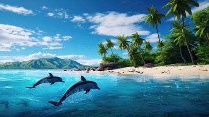 A pod of dolphins off the coast of a tropical island