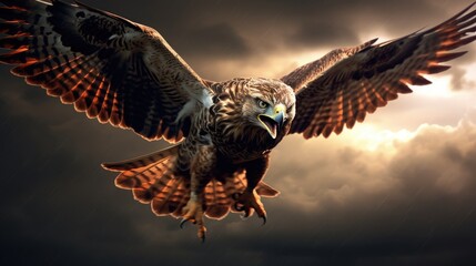 A raptor in mid-flight, wings outstretched against a dramatic stormy sky - obrazy, fototapety, plakaty