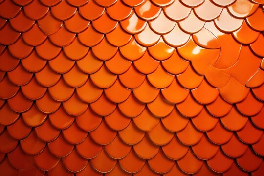  a close up of a fish scale pattern on an orange surface with a white light in the middle of the image and a white light in the middle of the top of the image.