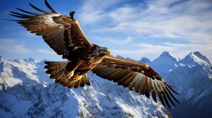 Zelfklevend Fotobehang A golden eagle soaring high above snow-capped mountain peaks © MAY