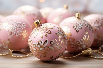  a group of pink and gold ornaments sitting on top of a wooden table in front of a blurry background of other pink and gold ornaments on a wooden table.