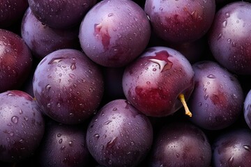  a pile of plums with drops of water on the top of them and a yellow stick sticking out of the middle of the middle of the top of the plums.