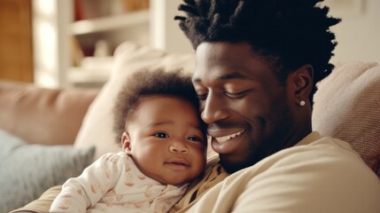 Fototapeta premium A happy African American dad and baby enjoy a cuddle at home.