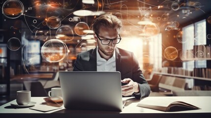 Businessman working on laptop in modern office - obrazy, fototapety, plakaty