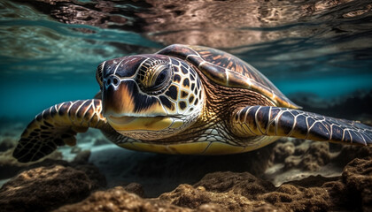 Obraz premium Large sea turtle swimming in tranquil underwater reef environment generated by AI