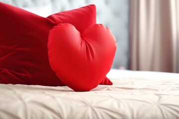  a red heart pillow sitting on top of a bed next to a red pillow on the side of a white bed with a red pillow on top of the bed.