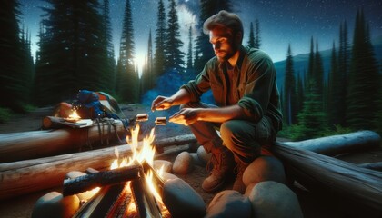 Fototapeta na wymiar An Adventurous Camper Cooks S'mores Under a Spectacular Starry Sky Amid Towering Pine Trees by a Warm Campfire Glow Generated Image