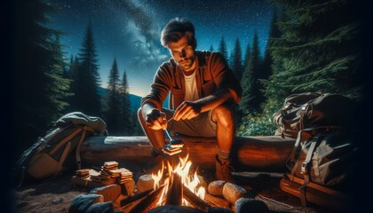 An Adventurer Cooking S'mores by a Crackling Campfire under a Starry Sky, Surrounded by Towering Pine Trees Generated Image