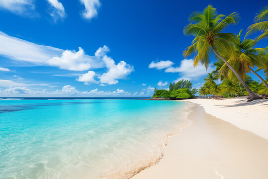 paradise beach with coconut palm trees. wallpaper or background for tourism and travelling ad campaign.