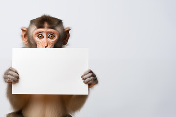 monkey holding a blank poster sign in a plain room - obrazy, fototapety, plakaty