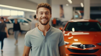 Obraz premium Man happy customer for buyer new car auto, male want buy automobile in showroom vehicle dealership store motor show indoor Sales