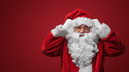Shocked Santa Claus with a hand on head, surprised by holiday mischief