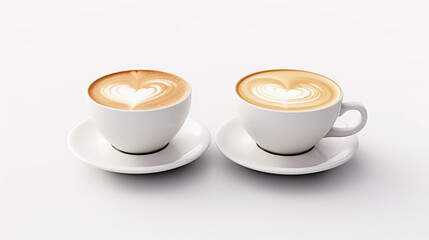 Two coffee cups with platte isolated in closeup on a stark white background