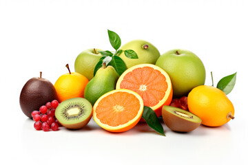 Assortment of winter fruits such as avocado, tangerines, kiwi, lemon, oranges and persimmons in a fruit isolated on white background