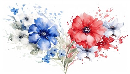 Watercolor red and blue flowers on a white background.