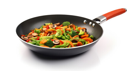 Vegetables and a frying pan in closeup on a stark white background