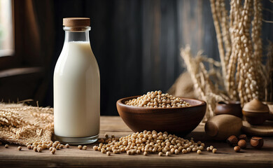 A bottle of soy milk and soy grains on a wooden table.