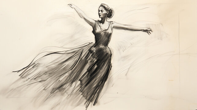 A women dancing on the dancing floor black and white  pencil fashion sketch illustration drawing on white paper