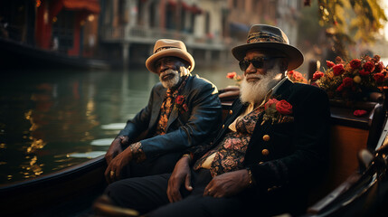 Generative ai elderly black men posing sitting gondola in venice canal
