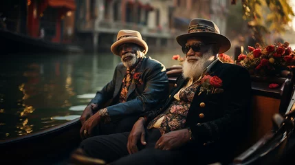 Door stickers Gondolas Generative ai elderly black men posing sitting gondola in venice canal