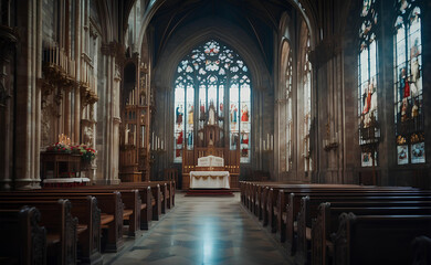 Fototapeta na wymiar A cathedral interior with beautiful strain glass.