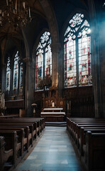 Fototapeta premium A cathedral interior with beautiful strain glass.