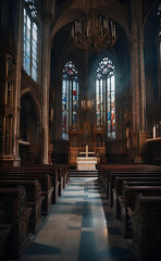 A cathedral interior with beautiful strain glass.