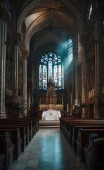 Fototapeta premium A cathedral interior with beautiful strain glass.