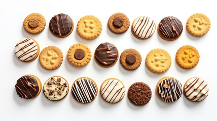 Various cookies with chunks of chocolate separated on a stark white background 