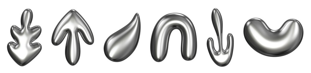Chrome liquid y2k shape 3d render illustration set.