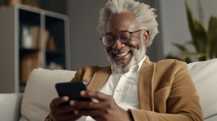 A senior gentleman sits comfortably, scrolling through his phone.