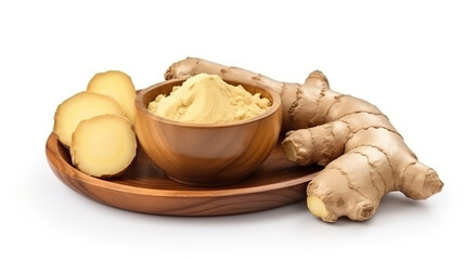ginger powder in a dish and isolated on a white background are two examples of the ginger on a wood stub.  - obrazy, fototapety, plakaty